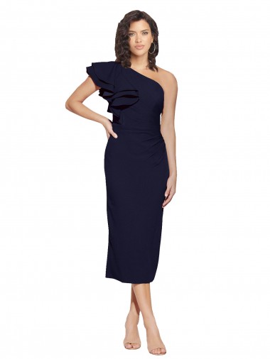 Best Ruched Midi Length Short Crepe Cocktail Prom Dress / Homecoming Dress with Shoulder Ruffles