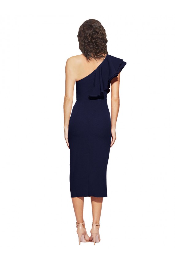 Best Ruched Midi Length Short Crepe Cocktail Prom Dress / Homecoming Dress with Shoulder Ruffles