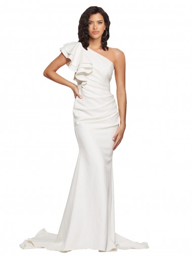 Best Ruched Long Sweep Train Crepe Prom Dress with Shoulder Ruffles