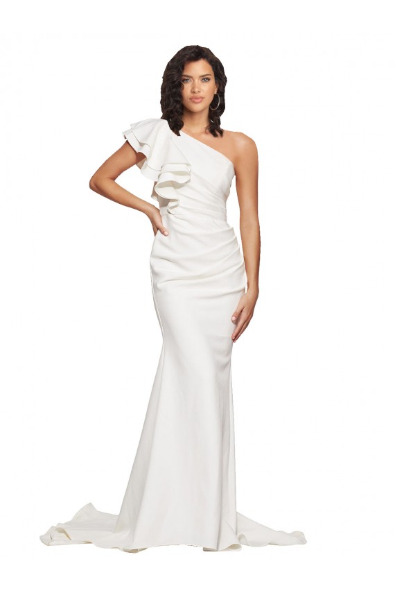 Best Ruched Long Sweep Train Crepe Prom Dress with Shoulder Ruffles