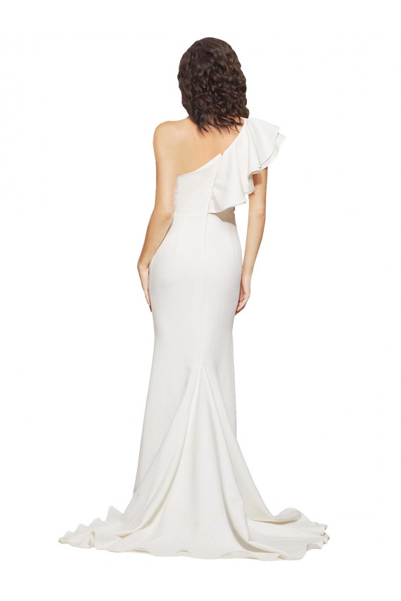 Best Ruched Long Sweep Train Crepe Prom Dress with Shoulder Ruffles