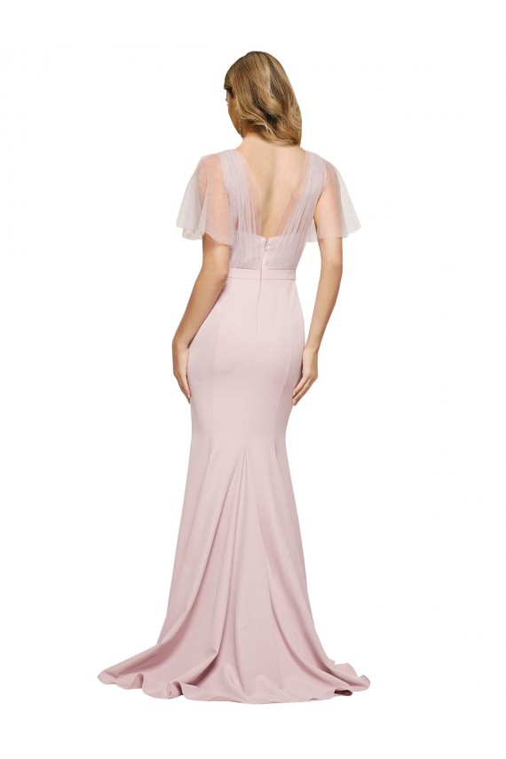 Best Crepe Long Sweetheart Neckline Prom Dress with Tulle Overlay Shoulders
