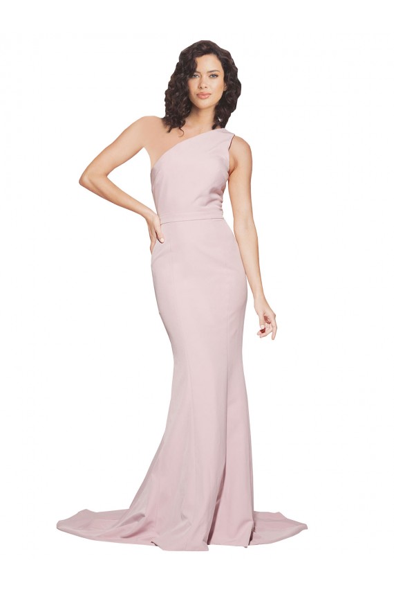 Best Long Sweep Train One Shoulder Crepe Prom Dress with Side Leg Split