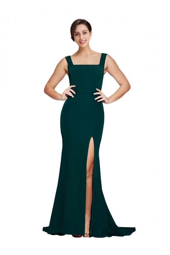 Best Fitted Square Neck Long Crepe Prom Dress with Train and Side Split