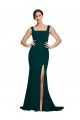 Best Fitted Square Neck Long Crepe Prom Dress with Train and Side Split