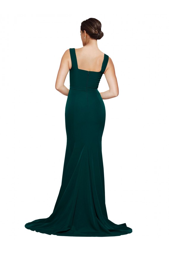 Best Fitted Square Neck Long Crepe Prom Dress with Train and Side Split