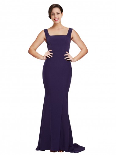 Best Square Neck Long Sweep Train Crepe Prom Dress with Thick Straps