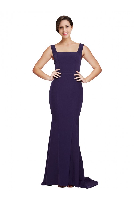 Best Square Neck Long Sweep Train Crepe Prom Dress with Thick Straps