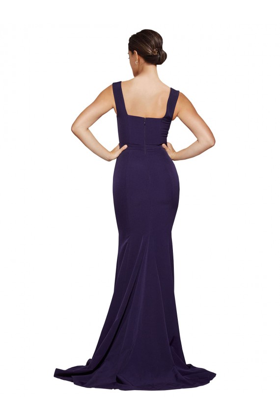 Best Square Neck Long Sweep Train Crepe Prom Dress with Thick Straps
