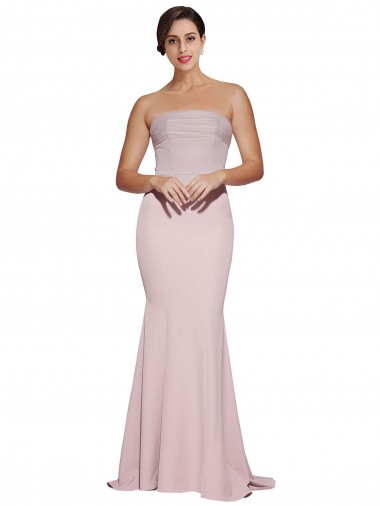 Best Straight Neck Long Strapless Crepe Prom Dress with Soft Tulle Overlay and Small Train