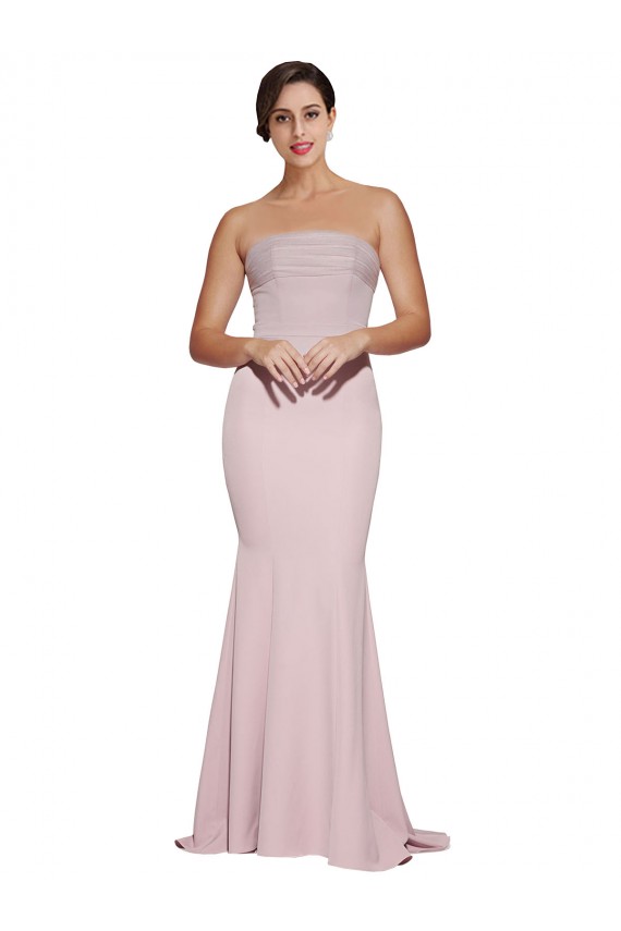 Best Straight Neck Long Strapless Crepe Prom Dress with Soft Tulle Overlay and Small Train
