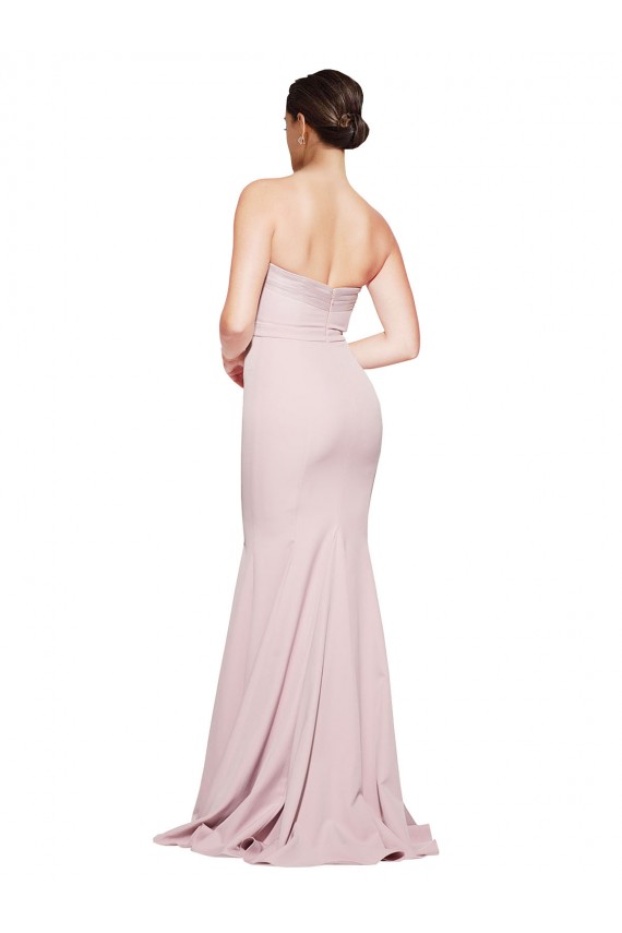 Best Straight Neck Long Strapless Crepe Prom Dress with Soft Tulle Overlay and Small Train