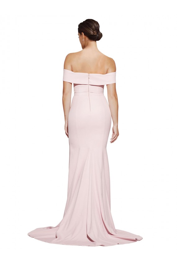 Best Off Shoulder Long Crepe Prom Dress with Straight Neckline and Side Split