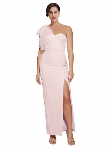 Best One Shoulder Tulle Overlay Sweetheart Neckline Long Crepe Prom Dress with Thigh Split