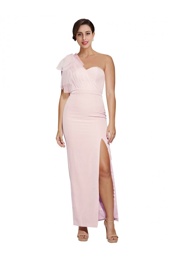 Best One Shoulder Tulle Overlay Sweetheart Neckline Long Crepe Prom Dress with Thigh Split