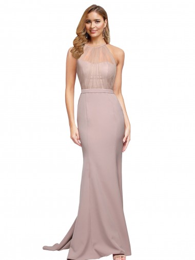 Best Long Sweetheart Crepe Prom Dress with High Neck Illusion Tulle Details