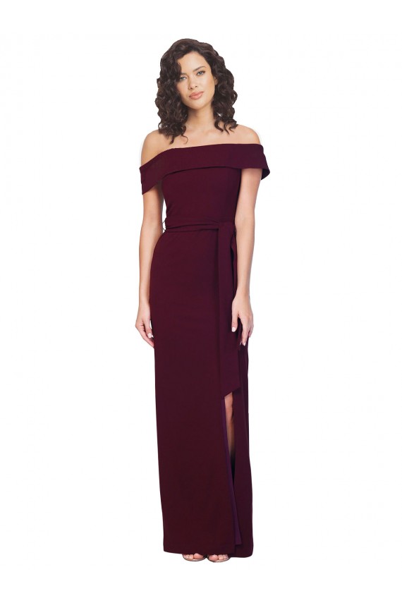 Best Fitted Full Length Off the Shoulder Crepe Prom Dress with Side Split and Waist Tie