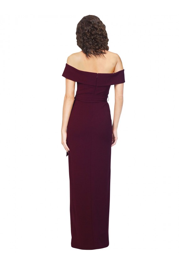 Best Fitted Full Length Off the Shoulder Crepe Prom Dress with Side Split and Waist Tie