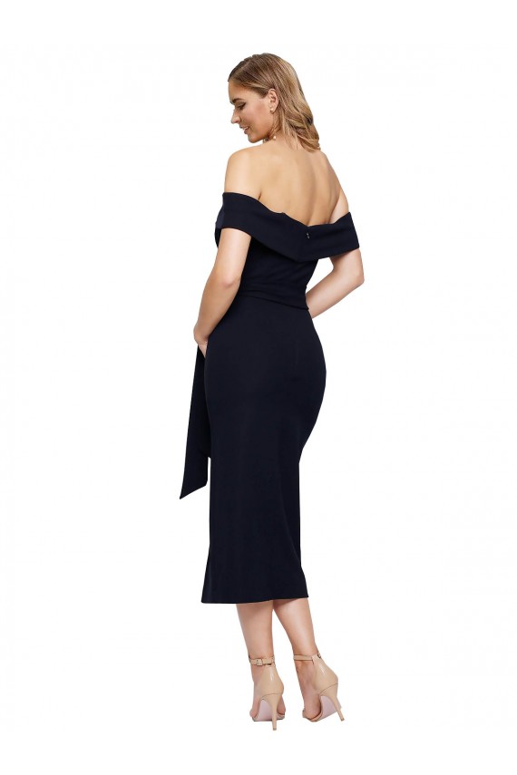 Best Fitted Short Midi Length Off the Shoulder Crepe Cocktail Prom Dress / Homecoming Dress with Side Split and Waist Tie