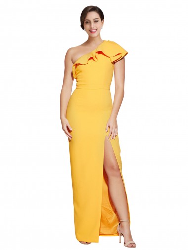 Best One Shoulder Floor Length Crepe Prom Dress with Thigh High Split