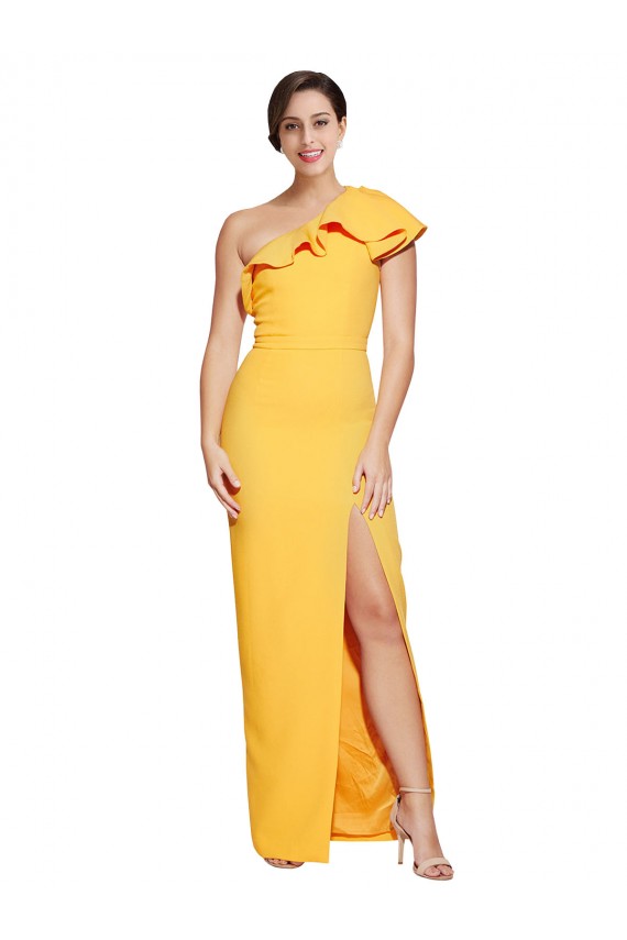 Best One Shoulder Floor Length Crepe Prom Dress with Thigh High Split