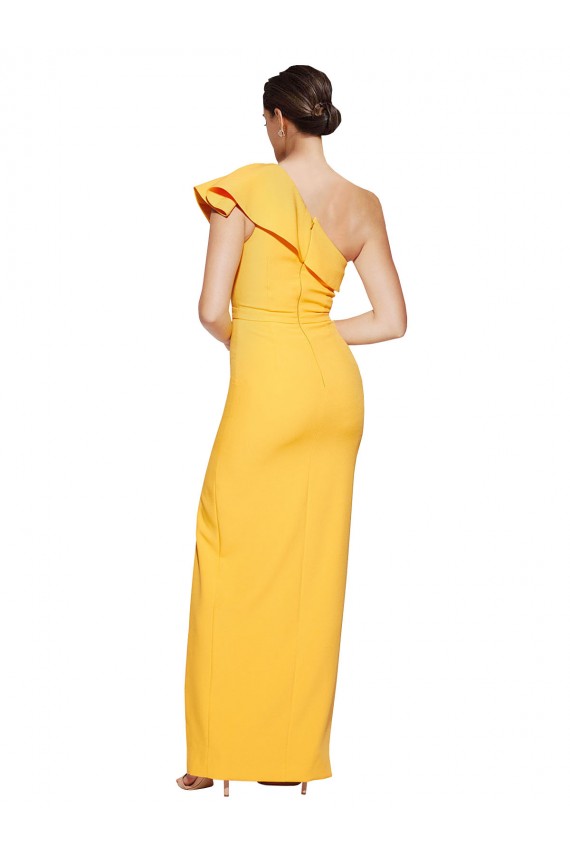Best One Shoulder Floor Length Crepe Prom Dress with Thigh High Split