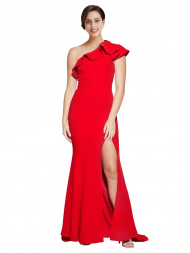 Best One Shoulder Long Sweep Train Crepe Prom Dress with Thigh High Split