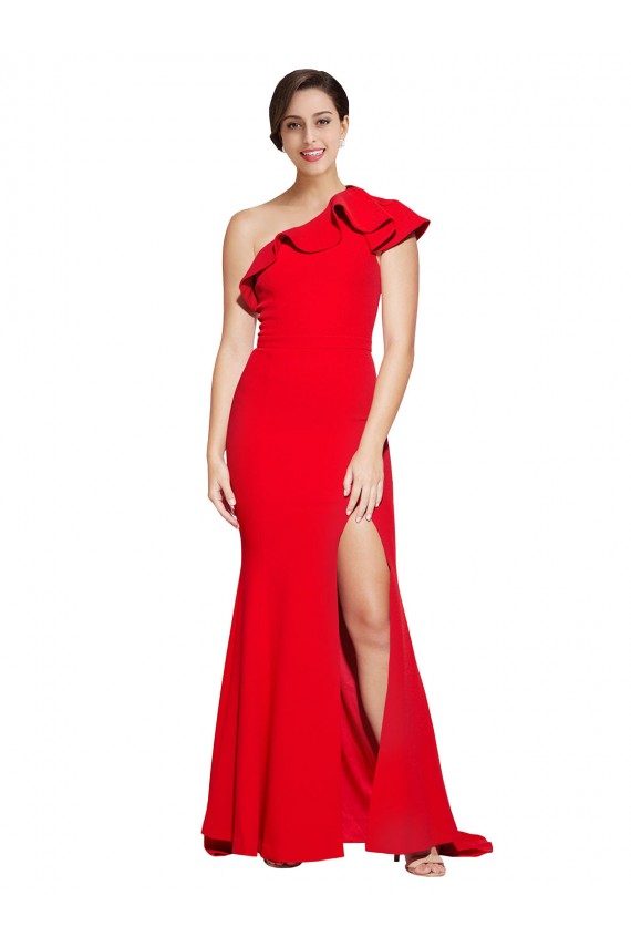 Best One Shoulder Long Sweep Train Crepe Prom Dress with Thigh High Split
