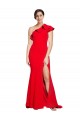 Best One Shoulder Long Sweep Train Crepe Prom Dress with Thigh High Split