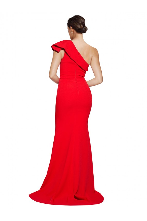 Best One Shoulder Long Sweep Train Crepe Prom Dress with Thigh High Split