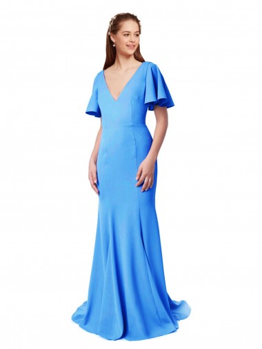 Best Short Sleeves Long V-Neck Crepe Prom Dress with V-Back