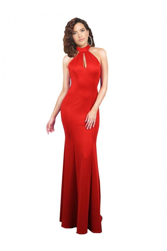 Best Halter Neck keyhole Front Back Long Stretch Satin Prom Dress
