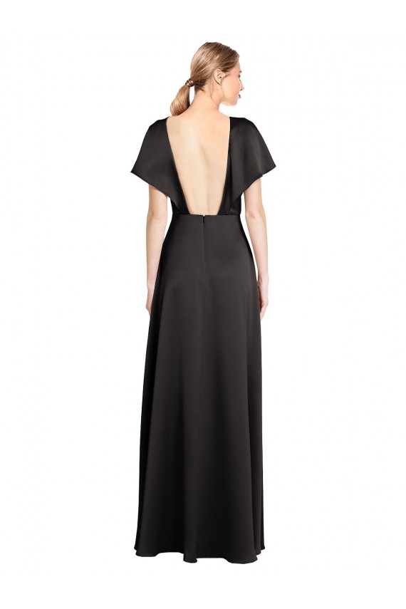 Best Cap Sleeves Open Back Long Stretch Satin Prom Dress