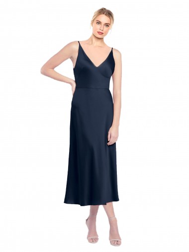 Best V-Neck Midi Length Short Stretch Satin Cocktail Prom Dress / Homecoming Dress V-Back