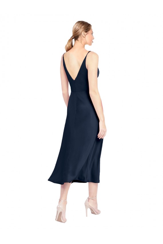 Best V-Neck Midi Length Short Stretch Satin Cocktail Prom Dress / Homecoming Dress V-Back