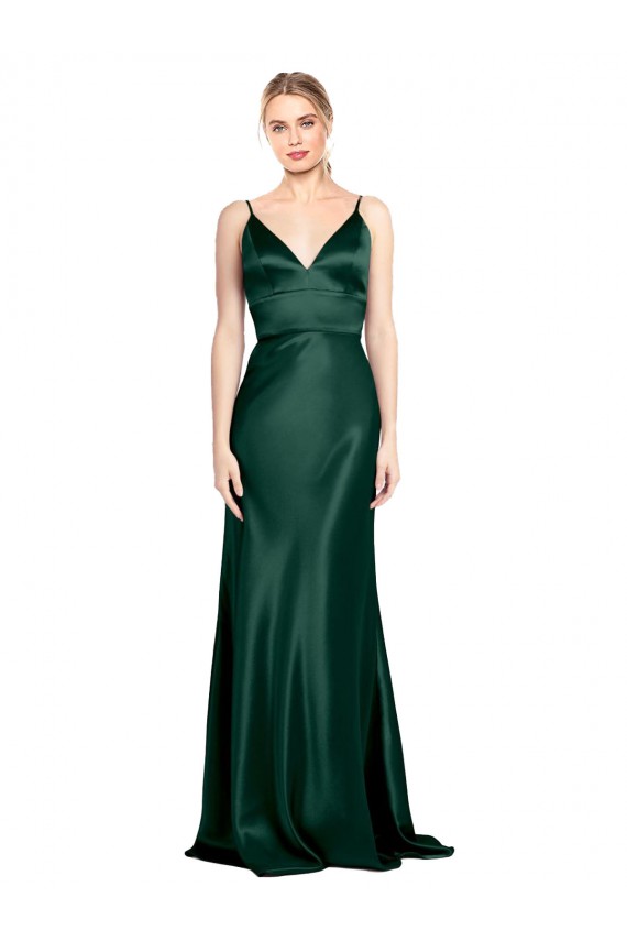 Best High V-Neck Long Full Length Sheath Stretch Satin Prom Dress