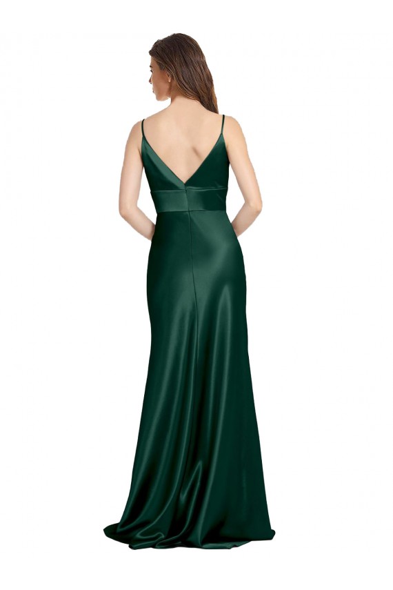 Best High V-Neck Long Full Length Sheath Stretch Satin Prom Dress