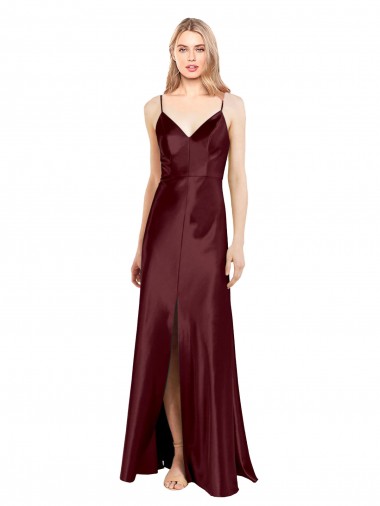 Best Sleek Spaghetti Straps V-Neck Stretch Satin Prom Dress with Center Front Slit