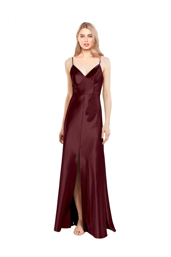 Best Sleek Spaghetti Straps V-Neck Stretch Satin Prom Dress with Center Front Slit