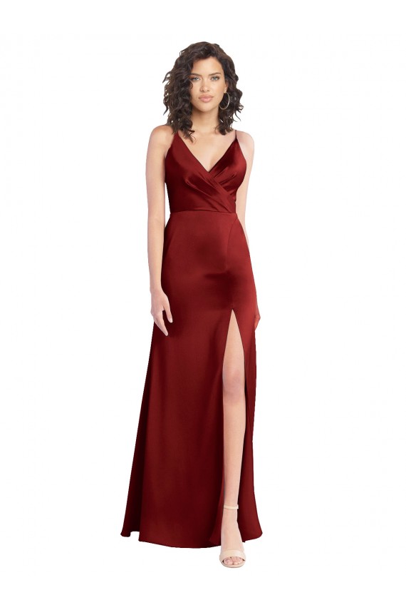 Best Faux Surplice Neckline Long Slim A-Line Stretch Satin Prom Dress