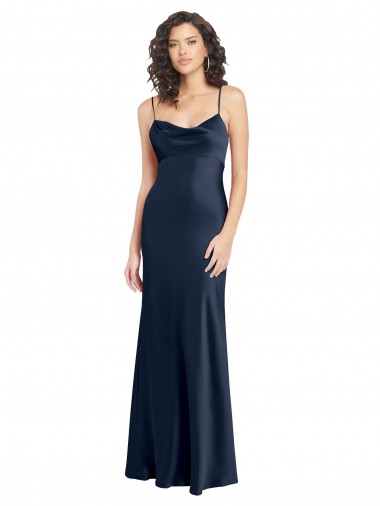 Best Cowl Neck Long Empire Waist Stretch Satin Prom Dress with Open Back