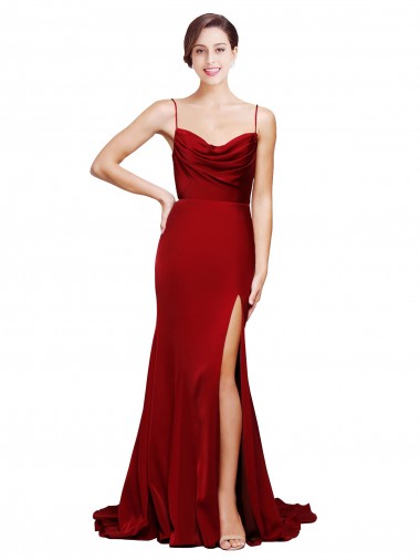 Best Cowl Front Neck Sweep Train Stretch Satin Prom Dress with High Side Split