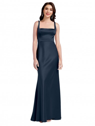 Best Square Neck A-Line Long Stretch Satin Prom Dress with Wide Straps