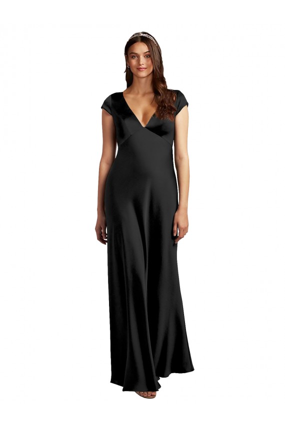 Best Plunging V-Neck Cap Cleeves Long Stretch Satin Prom Dress with Keyhole Back