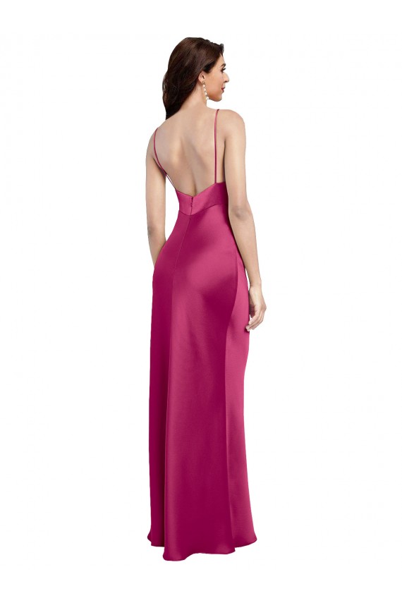 Best V-Neck Spaghetti Straps Slim Stretch Satin Prom Dress with Low Scoop Back