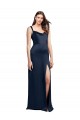 Best Cowl Neck Soft Long Stretch Satin Prom Dress with Side Slit and Pleated Straps