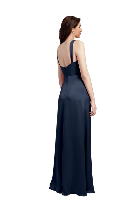 Best Cowl Neck Soft Long Stretch Satin Prom Dress with Side Slit and Pleated Straps