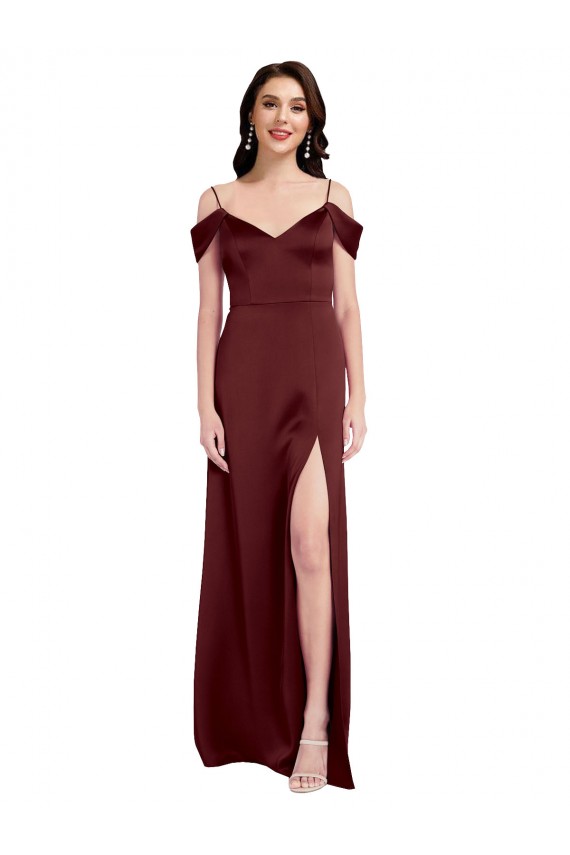 Best Draped Off the Shoulder Sleeves Slim A-Line Stretch Satin Prom Dress with Side Slit