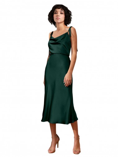 Best Spaghetti Straps Tie Shoulders Cowl Neck Short Midi Length Stretch Satin Cocktail Prom Dress / Homecoming Dress