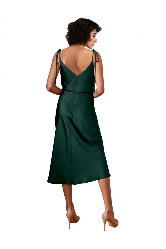 Best Spaghetti Straps Tie Shoulders Cowl Neck Short Midi Length Stretch Satin Cocktail Prom Dress / Homecoming Dress